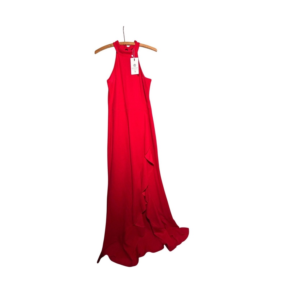 MEROKEETY Womens Red Halter Neck Ruffle Front Maxi Dress Formal Gown Size M NEW‎